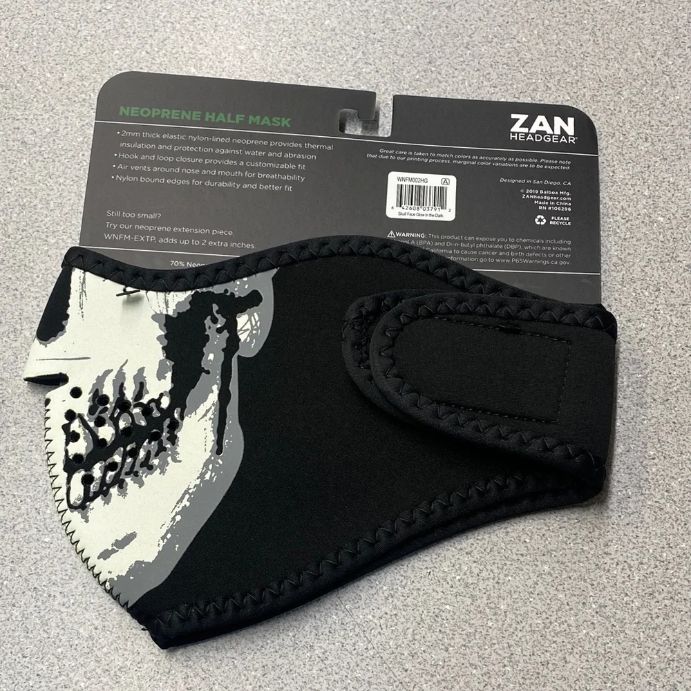 ZANheadgear Neoprene Half Mask in Black and Gray, GLOW IN THE DARK!
